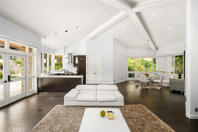 living room featuring recessed lighting, dark wood-style flooring, beam ceiling, high vaulted ceiling, and baseboards