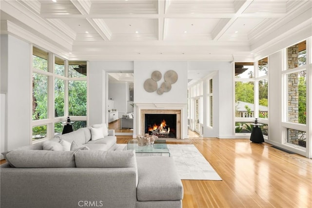 sunroom / solarium with beam ceiling and coffered ceiling