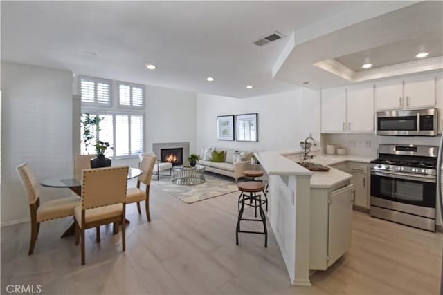 85 Briarglen, Irvine, CA 92614 - kitchen with stainless steel appliances, a peninsula, a sink, light countertops, and a warm lit fireplace