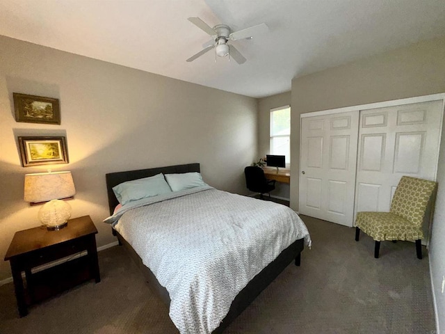 bedroom featuring a ceiling fan, carpet flooring, and a closet