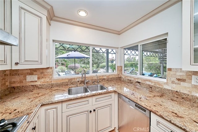 kitchen featuring decorative backsplash, a sink, light stone counters, ornamental molding, and stainless steel appliances