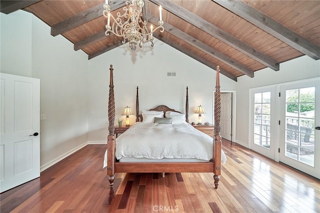 bedroom featuring wooden ceiling, lofted ceiling with beams, a notable chandelier, and access to exterior