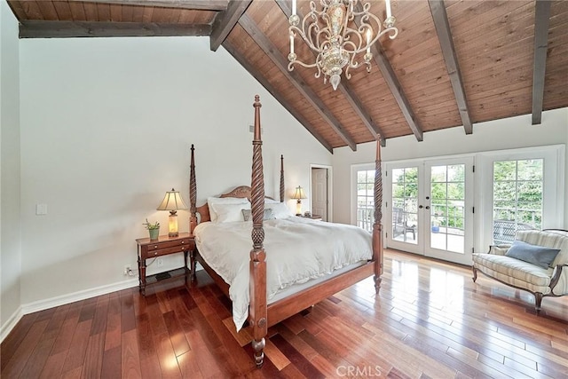 bedroom with wood ceiling, access to exterior, baseboards, wood-type flooring, and an inviting chandelier