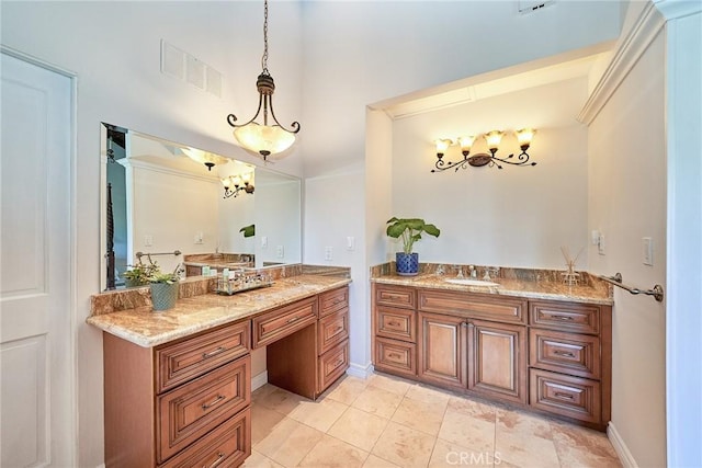 bathroom with a notable chandelier, tile patterned flooring, vanity, baseboards, and visible vents