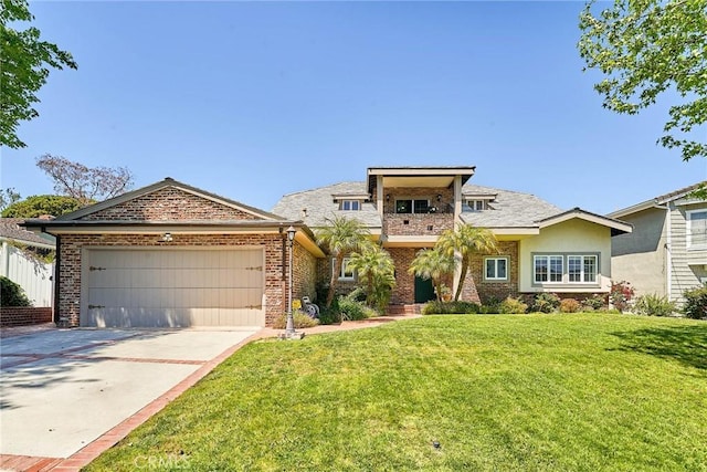 view of front facade with concrete driveway, brick siding, an attached garage, and a front lawn