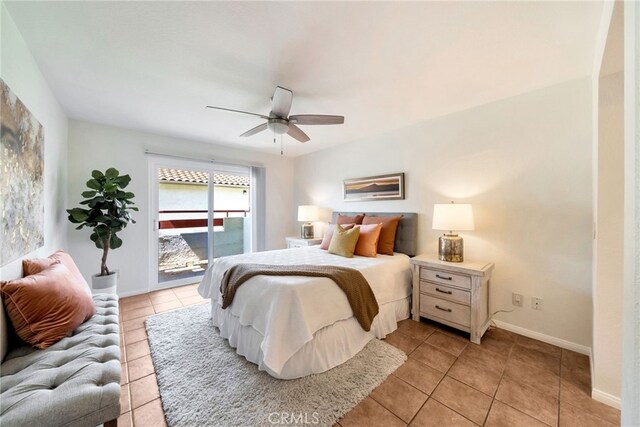 bedroom featuring ceiling fan, baseboards, access to outside, and light tile patterned floors