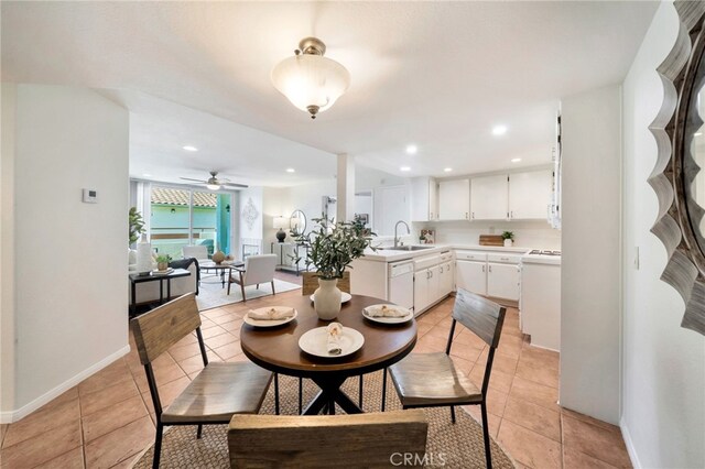 dining room with recessed lighting, baseboards, ceiling fan, and light tile patterned floors