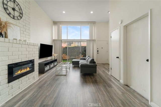 living room featuring a fireplace, wood finished floors, and recessed lighting