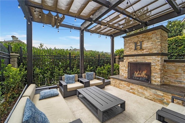 2 Astoria Ct, Aliso Viejo, CA 92656 - view of patio featuring an outdoor living space with a fireplace, a pergola, and fence