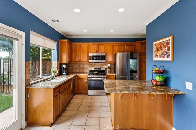 kitchen with a peninsula, light stone counters, a sink, and appliances with stainless steel finishes