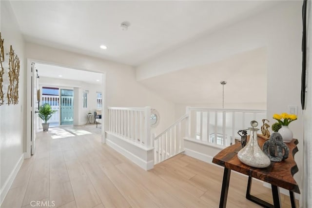 20163 Corona St, Corona, CA 92881 - hallway featuring an upstairs landing, light wood-type flooring, recessed lighting, and baseboards