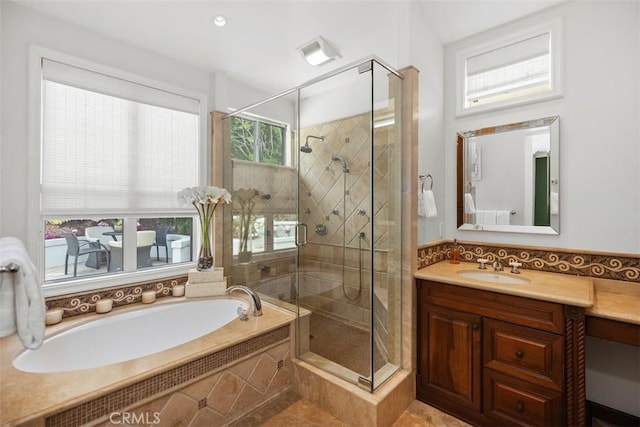 9 Pembroke Ln, Laguna Niguel, CA 92677 - bathroom featuring a stall shower, a bath, vanity, and tile patterned floors