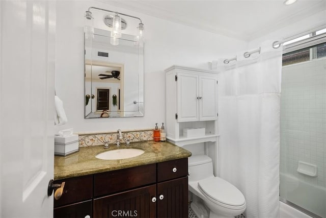 9 Pembroke Ln, Laguna Niguel, CA 92677 - full bath featuring vanity, shower / bathtub combination with curtain, toilet, and a ceiling fan