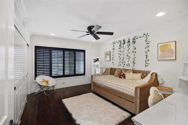 9 Pembroke Ln, Laguna Niguel, CA 92677 - bedroom featuring baseboards, hardwood / wood-style flooring, recessed lighting, ornamental molding, and a ceiling fan
