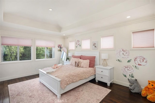 9 Pembroke Ln, Laguna Niguel, CA 92677 - bedroom with a raised ceiling, dark wood-type flooring, recessed lighting, baseboards, and ornamental molding