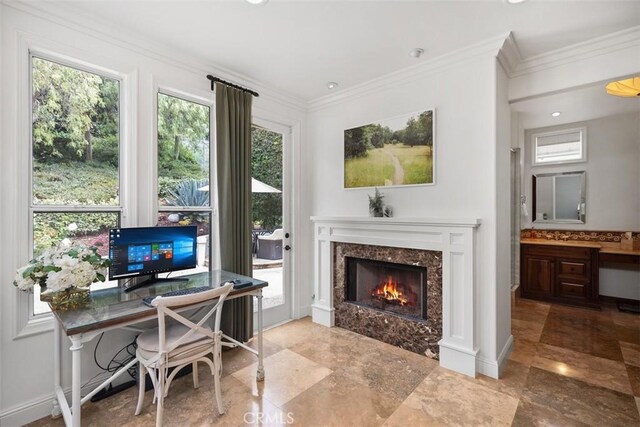 9 Pembroke Ln, Laguna Niguel, CA 92677 - home office with healthy amount of natural light, a premium fireplace, ornamental molding, baseboards, and recessed lighting