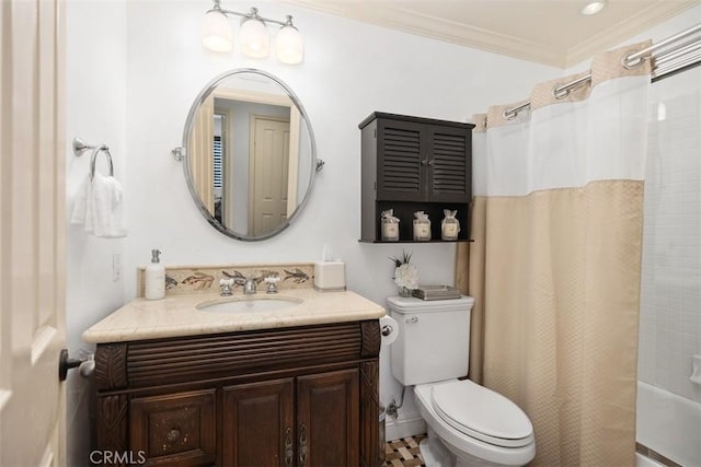 9 Pembroke Ln, Laguna Niguel, CA 92677 - full bath featuring vanity, crown molding, toilet, and shower / bath combo with shower curtain