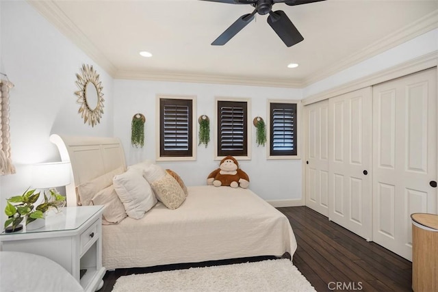 9 Pembroke Ln, Laguna Niguel, CA 92677 - bedroom featuring dark wood finished floors, ornamental molding, a ceiling fan, a closet, and recessed lighting
