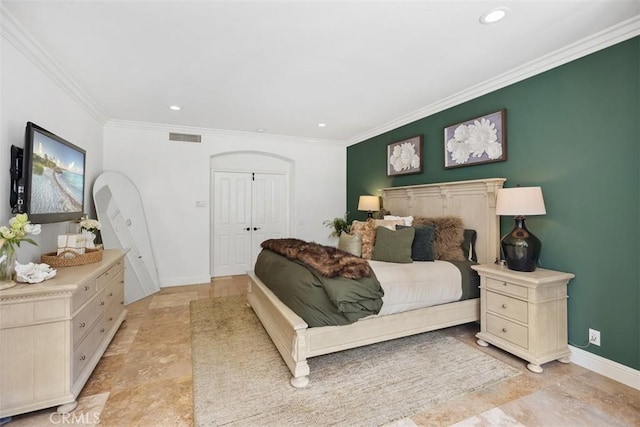 9 Pembroke Ln, Laguna Niguel, CA 92677 - bedroom featuring baseboards, crown molding, recessed lighting, light stone finish floors, and a closet