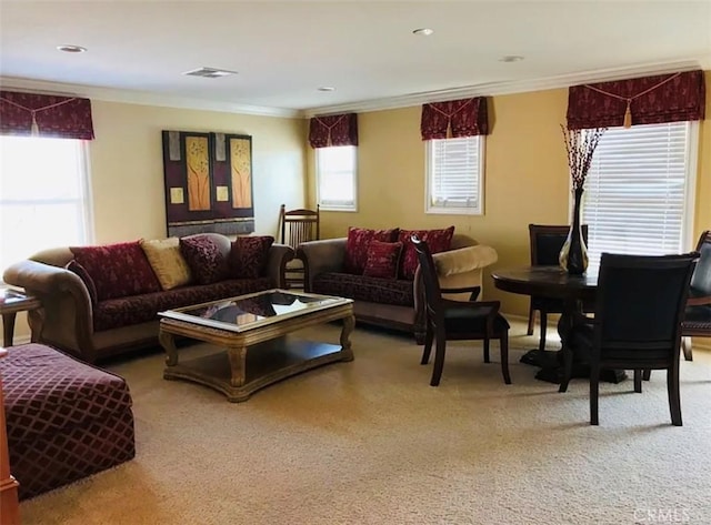 38728 Falkirk Dr, Murrieta, CA 92563 - living area featuring light colored carpet and ornamental molding