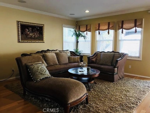 38728 Falkirk Dr, Murrieta, CA 92563 - living room featuring wood finished floors, healthy amount of natural light, baseboards, crown molding, and recessed lighting
