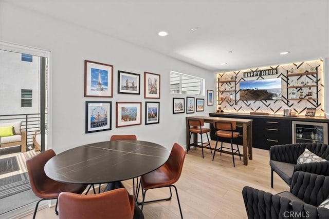 2902 Foundry Ct, Redondo Beach, CA 90278 - dining space featuring wine cooler, recessed lighting, and light wood-type flooring