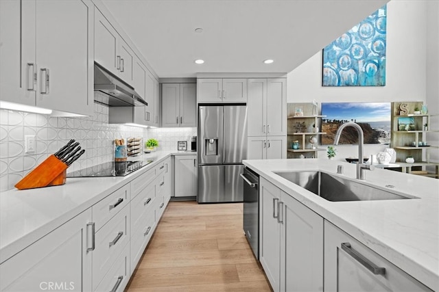2902 Foundry Ct, Redondo Beach, CA 90278 - kitchen featuring appliances with stainless steel finishes, a sink, light wood-style floors, under cabinet range hood, and recessed lighting