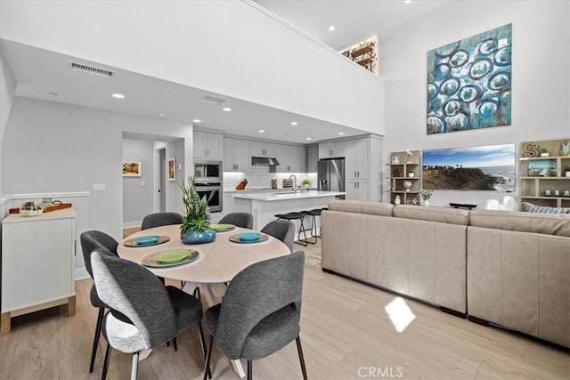 2902 Foundry Ct, Redondo Beach, CA 90278 - dining space with light wood-style floors, recessed lighting, a towering ceiling, and visible vents