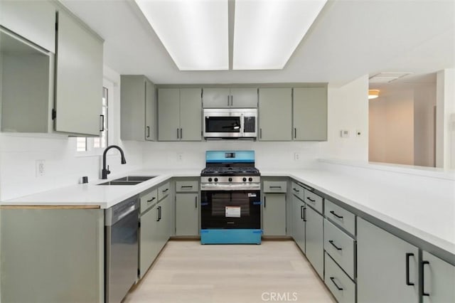 49537 Rosella Dr, Morongo Valley, CA 92256 - kitchen with appliances with stainless steel finishes, light wood-type flooring, gray cabinets, and a sink