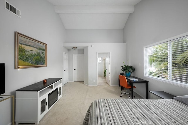 bedroom featuring light colored carpet, high vaulted ceiling, beam ceiling, and baseboards
