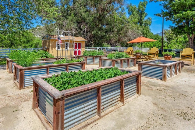 view of community with fence, a vegetable garden, an outdoor structure, and a shed