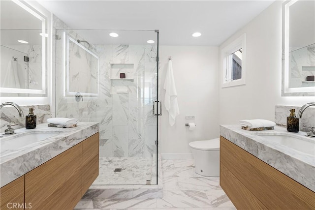 105A Surfside Ave, Surfside, CA 90743 - full bathroom with a marble finish shower, marble finish floors, two vanities, and recessed lighting