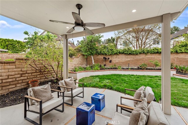 28166 Camellia Ct, Laguna Niguel, CA 92677 - fenced backyard with ceiling fan, a patio, and an outdoor hangout area