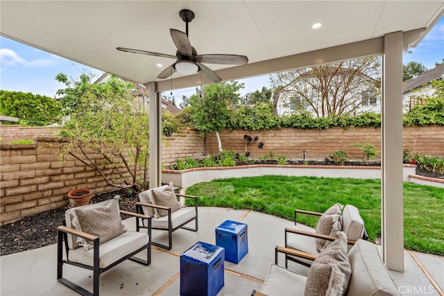 28166 Camellia Ct, Laguna Niguel, CA 92677 - fenced backyard featuring a ceiling fan, an outdoor hangout area, and a patio