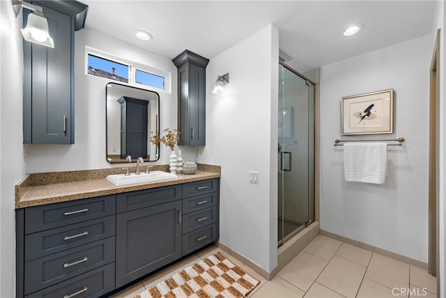 28166 Camellia Ct, Laguna Niguel, CA 92677 - bathroom featuring a stall shower, baseboards, recessed lighting, vanity, and tile patterned flooring