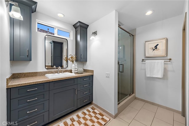 28166 Camellia Ct, Laguna Niguel, CA 92677 - bathroom with vanity, a shower stall, baseboards, tile patterned flooring, and recessed lighting