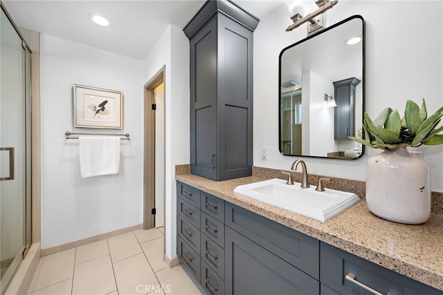 28166 Camellia Ct, Laguna Niguel, CA 92677 - bathroom with vanity, a shower stall, baseboards, tile patterned floors, and recessed lighting