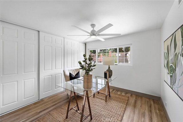 28166 Camellia Ct, Laguna Niguel, CA 92677 - dining area featuring ceiling fan, baseboards, and wood finished floors