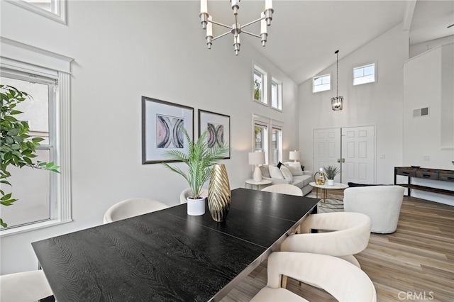 26 Apache Dr, Trabuco Canyon, CA 92679 - dining area with a chandelier, high vaulted ceiling, and wood finished floors