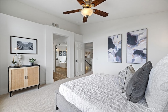 26 Apache Dr, Trabuco Canyon, CA 92679 - bedroom featuring carpet flooring, ensuite bath, a ceiling fan, vaulted ceiling, and baseboards
