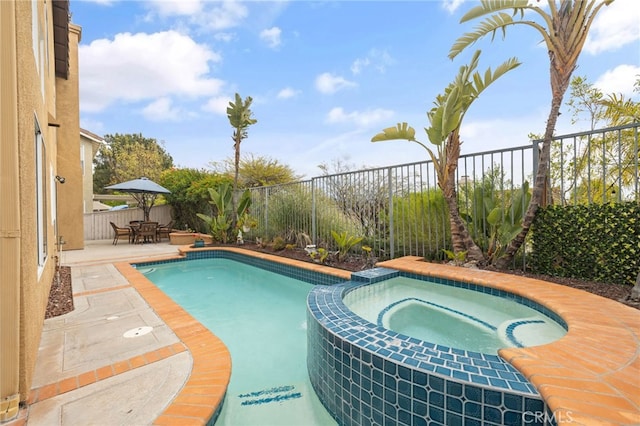 26 Apache Dr, Trabuco Canyon, CA 92679 - view of swimming pool featuring a fenced backyard, a patio area, a pool with connected hot tub, and outdoor dining space