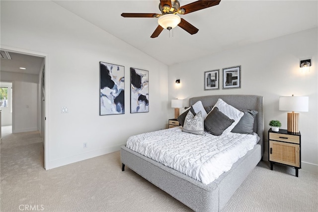 26 Apache Dr, Trabuco Canyon, CA 92679 - bedroom with light colored carpet, vaulted ceiling, baseboards, and a ceiling fan