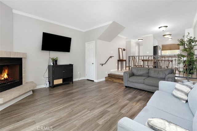 living area with baseboards, wood finished floors, a fireplace, and ornamental molding