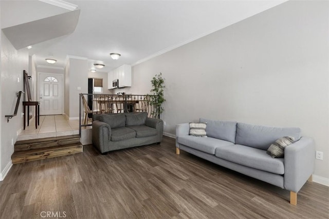 living room featuring baseboards, wood finished floors, and ornamental molding