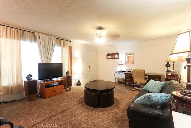 1310 W Lambert Rd Unit 180, La Habra, CA 90631 - carpeted living room featuring a ceiling fan and a textured ceiling