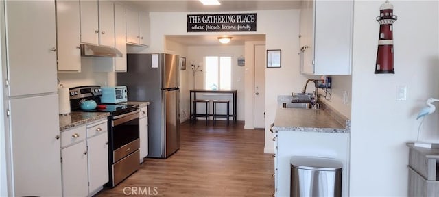 kitchen featuring white cabinets, under cabinet range hood, stainless steel appliances, wood finished floors, and a sink