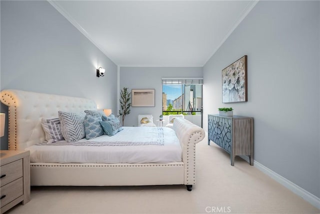 1880 Veteran Ave Unit 308, Los Angeles, CA 90025 - bedroom featuring a wall mounted AC, crown molding, baseboards, and light carpet