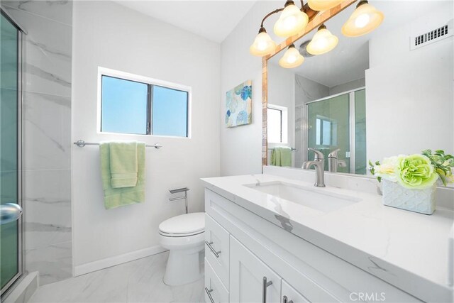 1880 Veteran Ave Unit 308, Los Angeles, CA 90025 - bathroom featuring a stall shower, visible vents, a notable chandelier, marble finish floor, and vanity