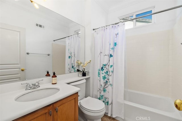 bathroom featuring crown molding, vanity, toilet, shower / bath combination with curtain, and visible vents