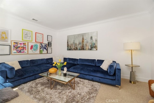 living area with crown molding, carpet flooring, visible vents, and baseboards